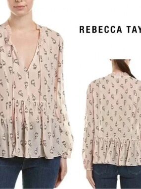 Rebecca Taylor Pink Floral Peplum V‑Neck Blouse